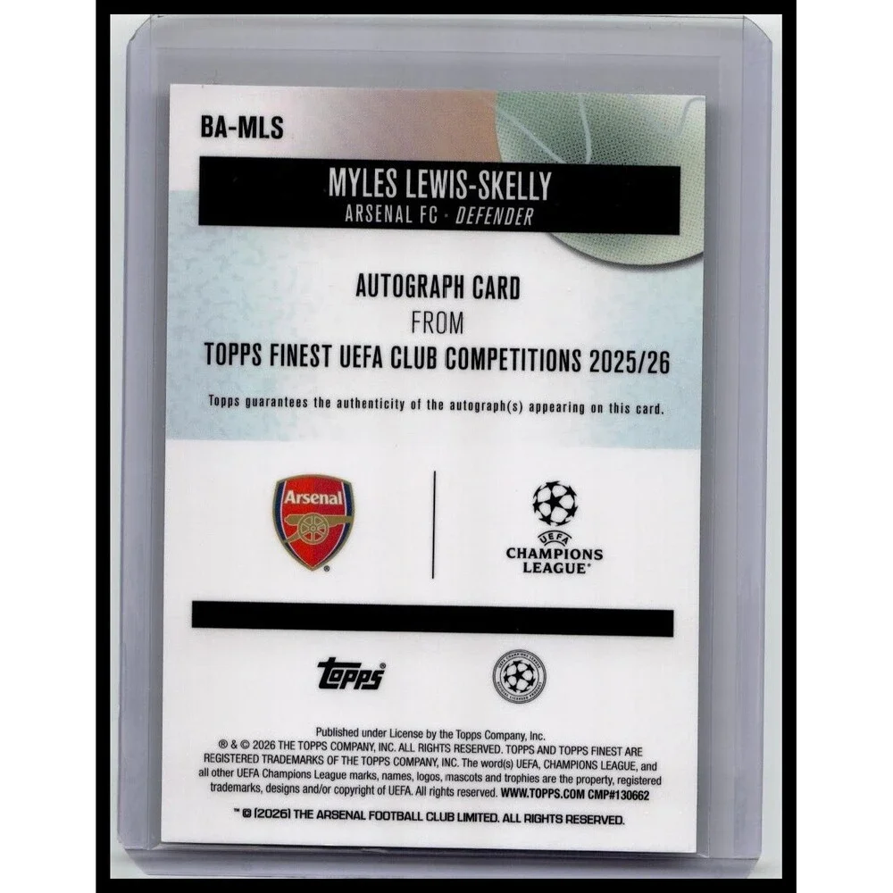 2025-26 TOPPS FINEST UEFA MYLES LEWIS-SKELLY REFRACTOR AUTO Green /99 arsenal
